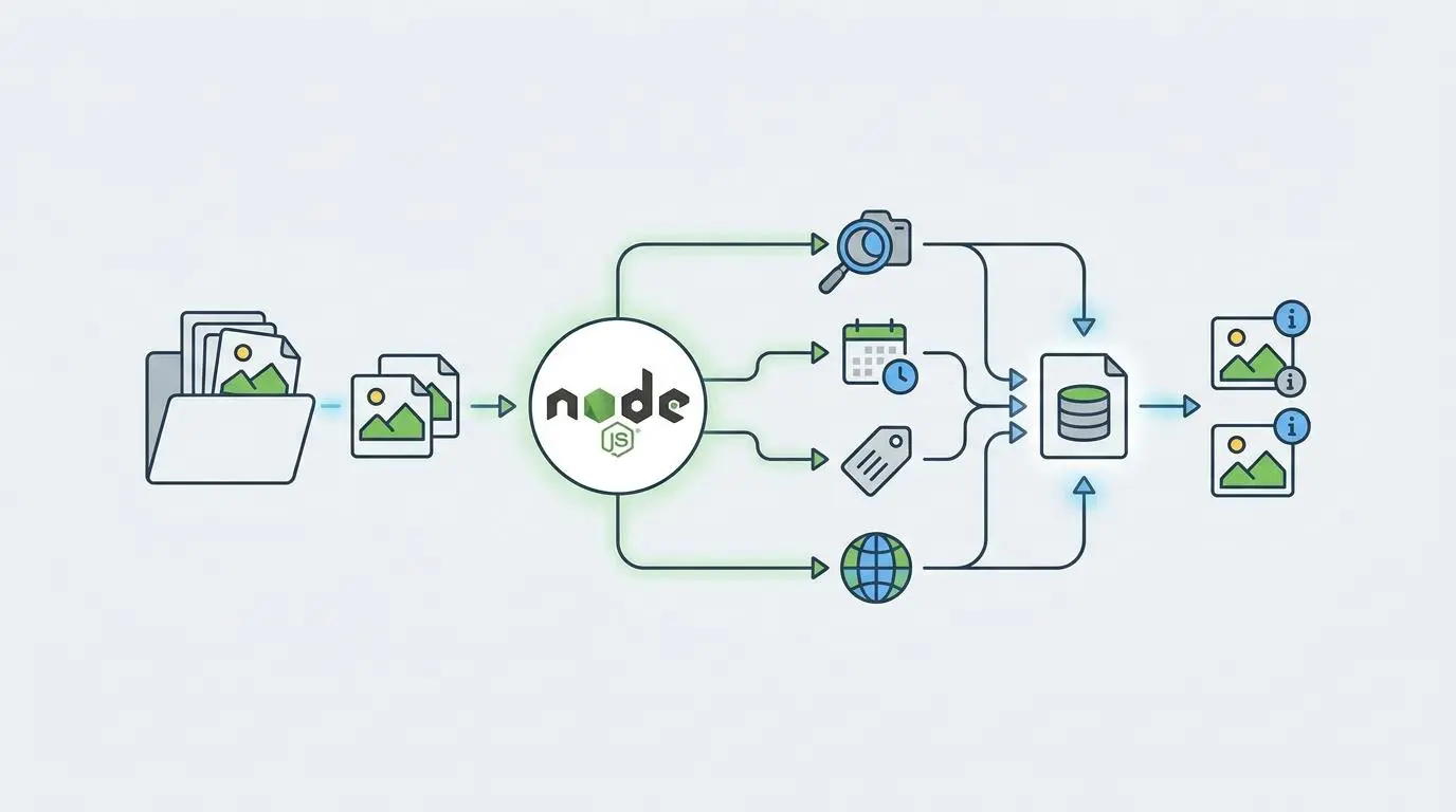 Node JS process for automated image metadata injection and E-E-A-T optimization.