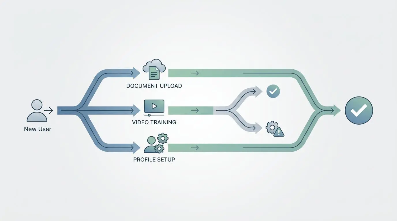 Parallel path logic flow for new user onboarding, including document upload, video training, and profile setup, leading to an automated deployment.