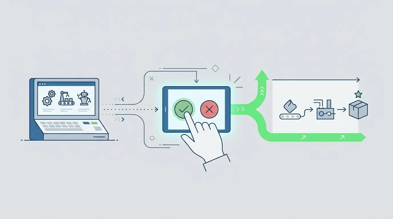 Operator approving production run trigger on tablet for real-time dynamic scheduling.