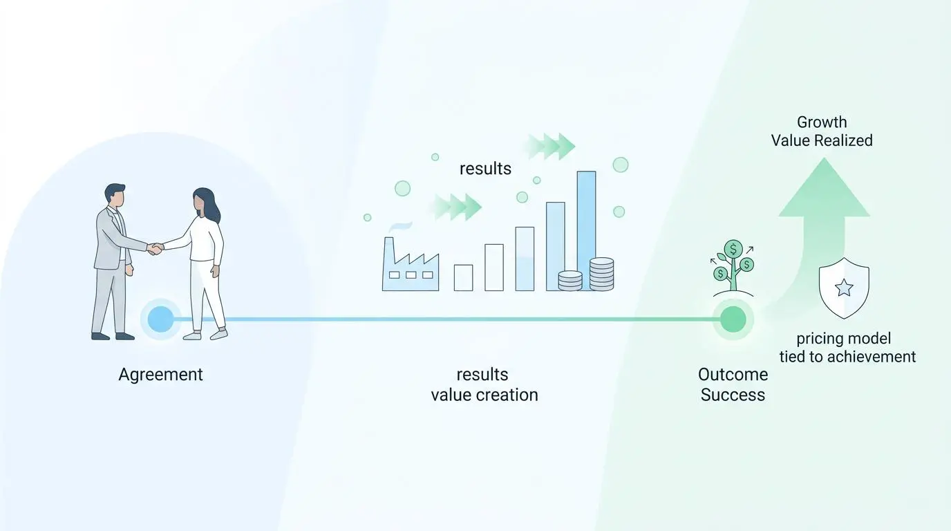Visual representation of outcome-based pricing for SaaS renewals, showing agreement, results, and growth value realized.