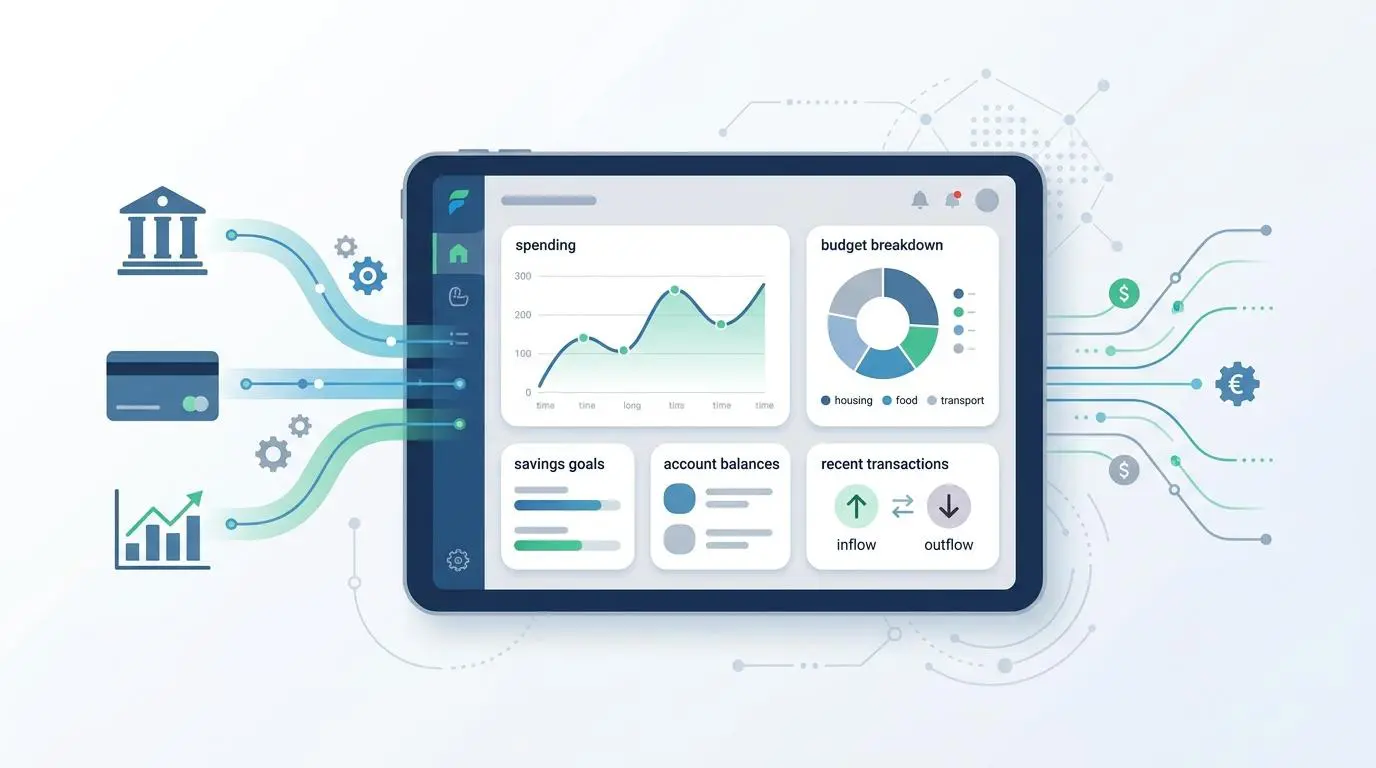 Digital dashboard for personal finance management, tracking spending and savings goals during dependent changes.