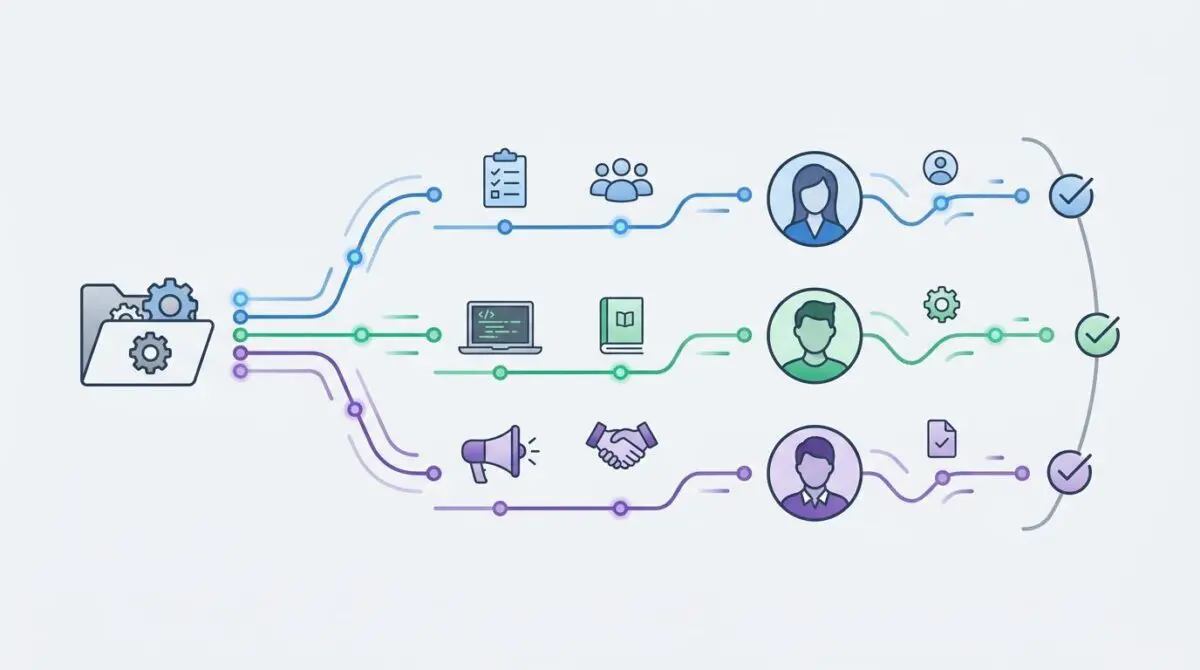 Automated deployment of personalized employee onboarding journeys via Slack, showing workflow paths for different roles.