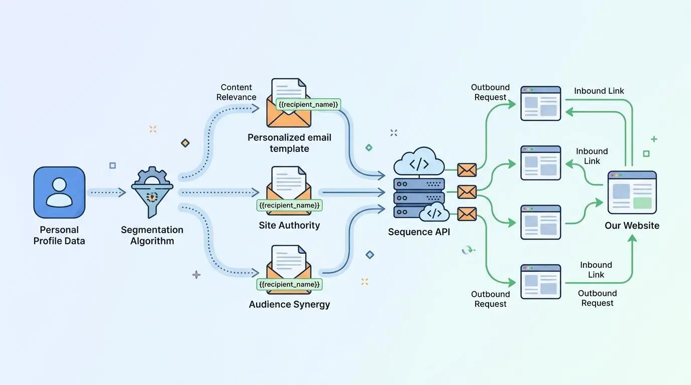 Flowchart showing personalized link outreach via automated API sequences for broken link building.