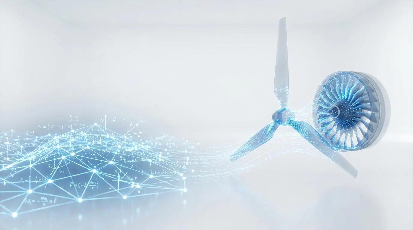 Physics-grounded AI models for industrial simulation, featuring turbine blades and complex equations.