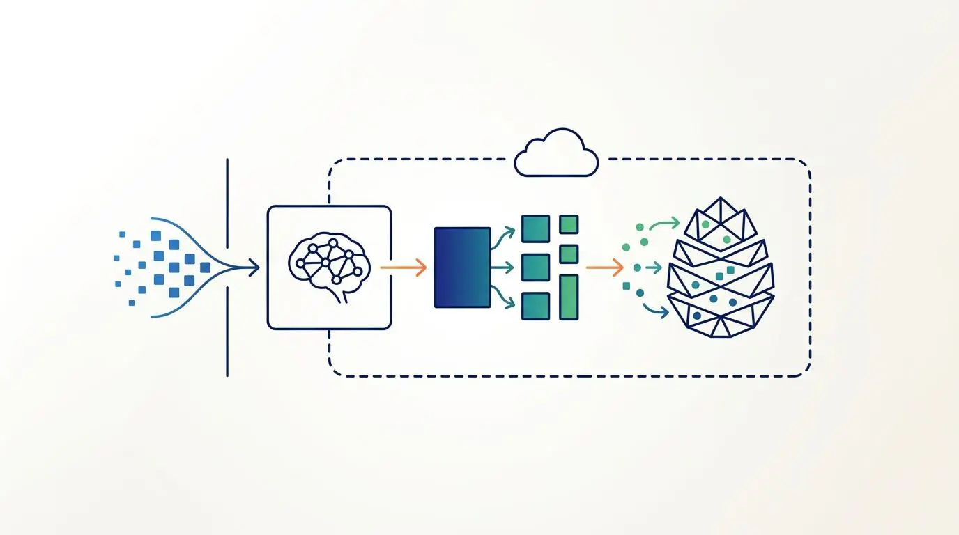 Pinecone serverless architecture diagram showing AI processing and semantic chunking for GEO content.
