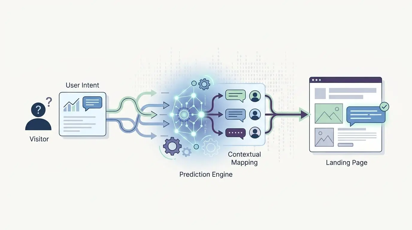 Diagram showing visitor intent mapped by a prediction engine to a personalized landing page.