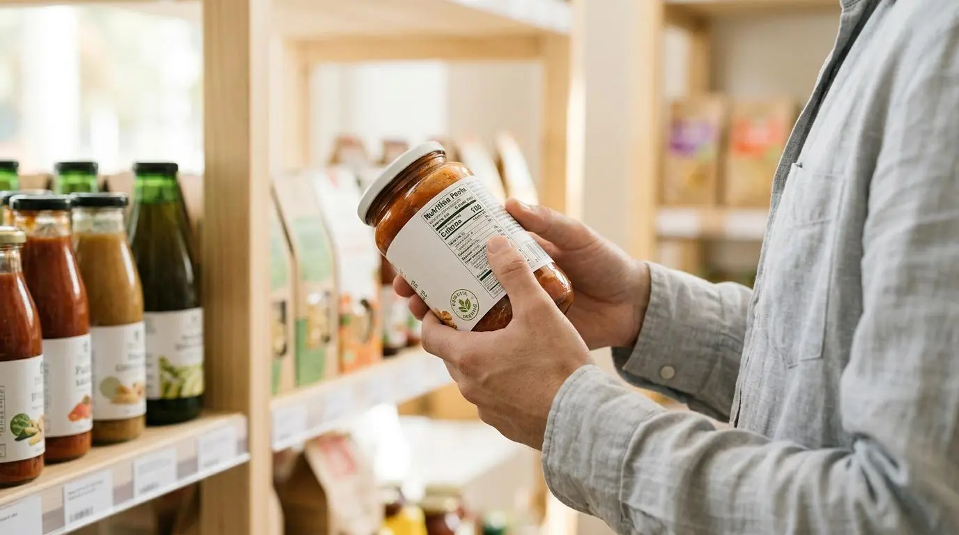 Consumer reading product labels, learning to read between the lines of corporate-speak.