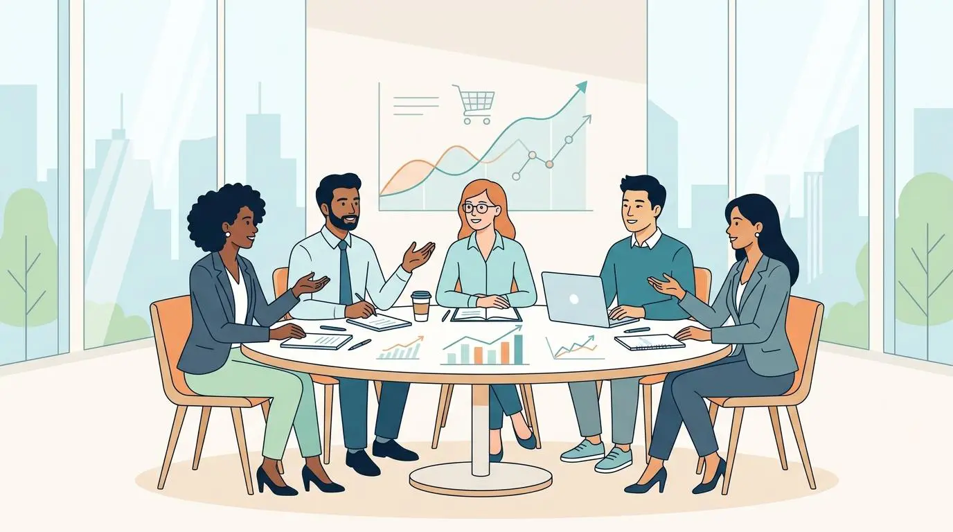 Diverse professionals discuss consumer trends and ethics of micro-targeting at a boardroom table.