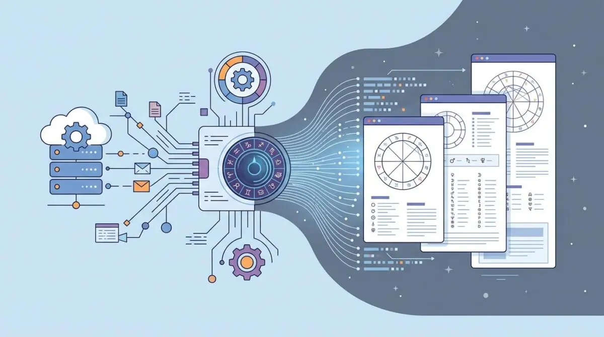 Diagram showing programmatic generation of astrology pages with API data and AI.