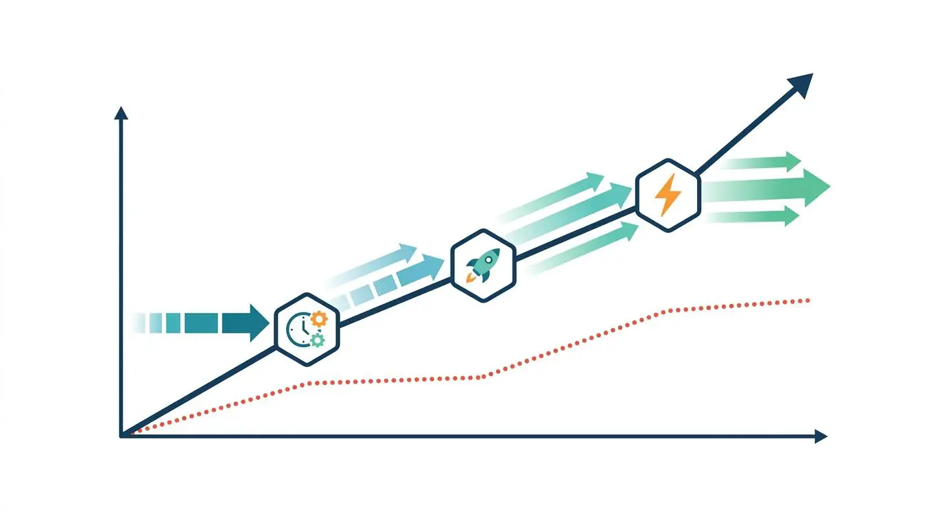 Programmatic content indexing acceleration chart showing upward performance with speed icons.