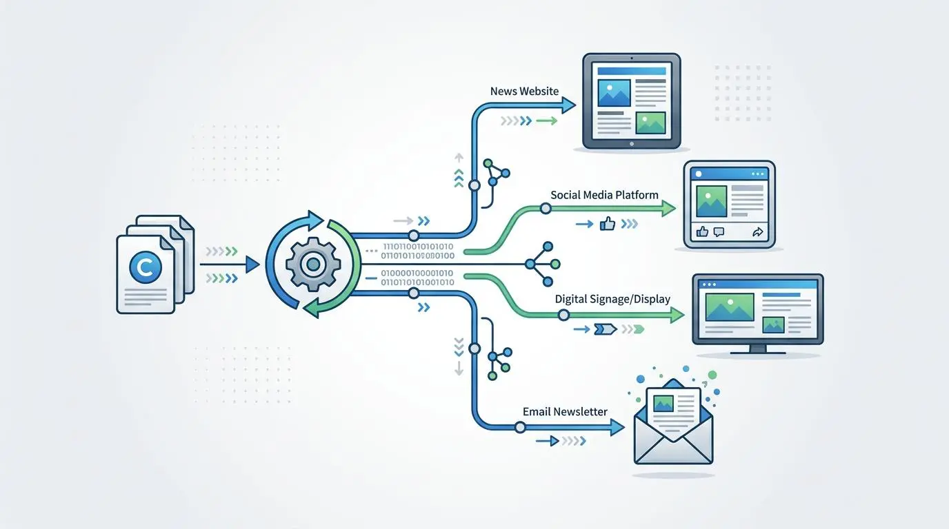 Programmatic content syndication flowchart showing RSS feed parsing via API to newsletters, social media, and digital displays.