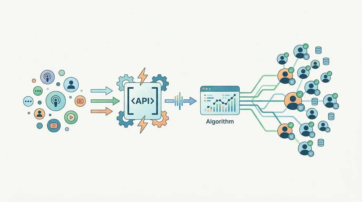 Programmatic podcast prospect list expansion API methodology with algorithm processing data.