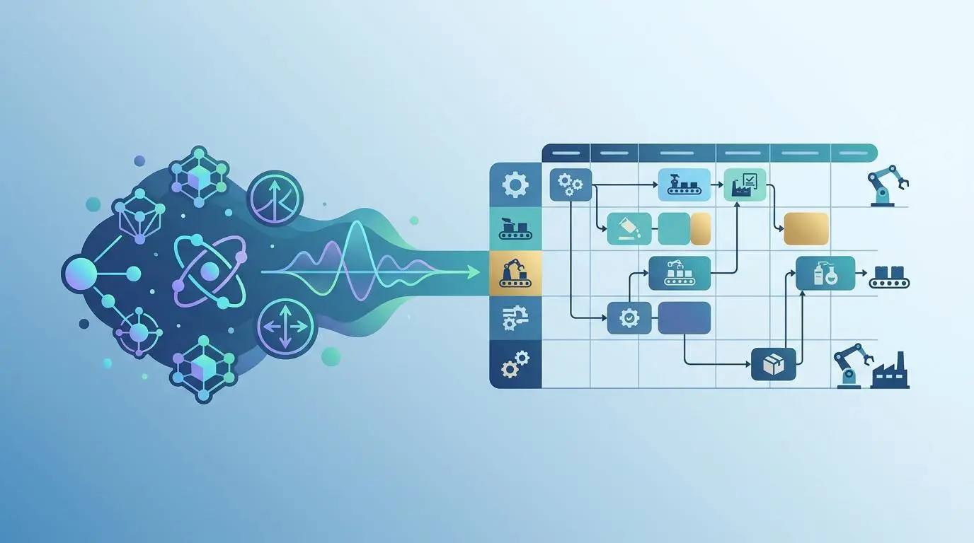 Quantum optimization visualizing dynamic production scheduling with live order data and machine availability.