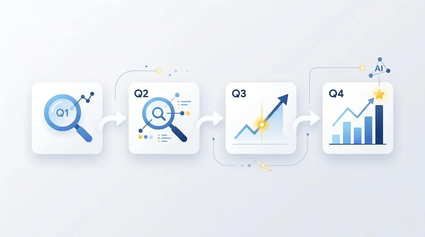 Quarterly AI overview metric visualization showing growth from Q1 to Q4.
