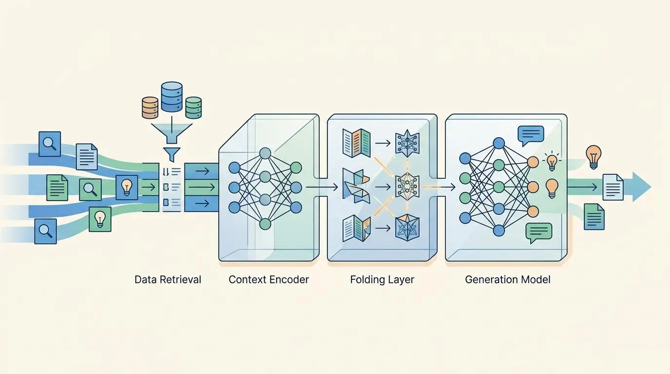 Retrieval augmented generation pipeline with data retrieval, context encoder, folding layer, and generation model for AI search query fan-out.