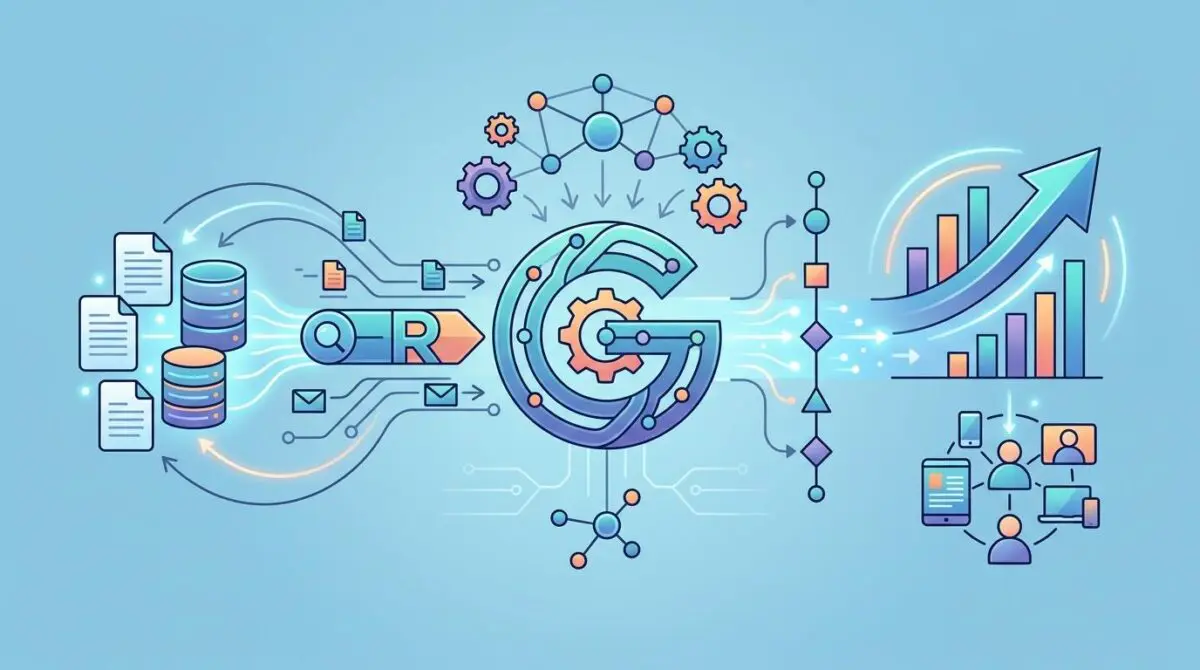 Retrieval augmented generation powering GEO with data flow, growth charts, and user connections.