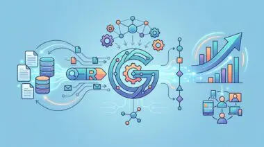 Retrieval augmented generation powering GEO with data flow, growth charts, and user connections.