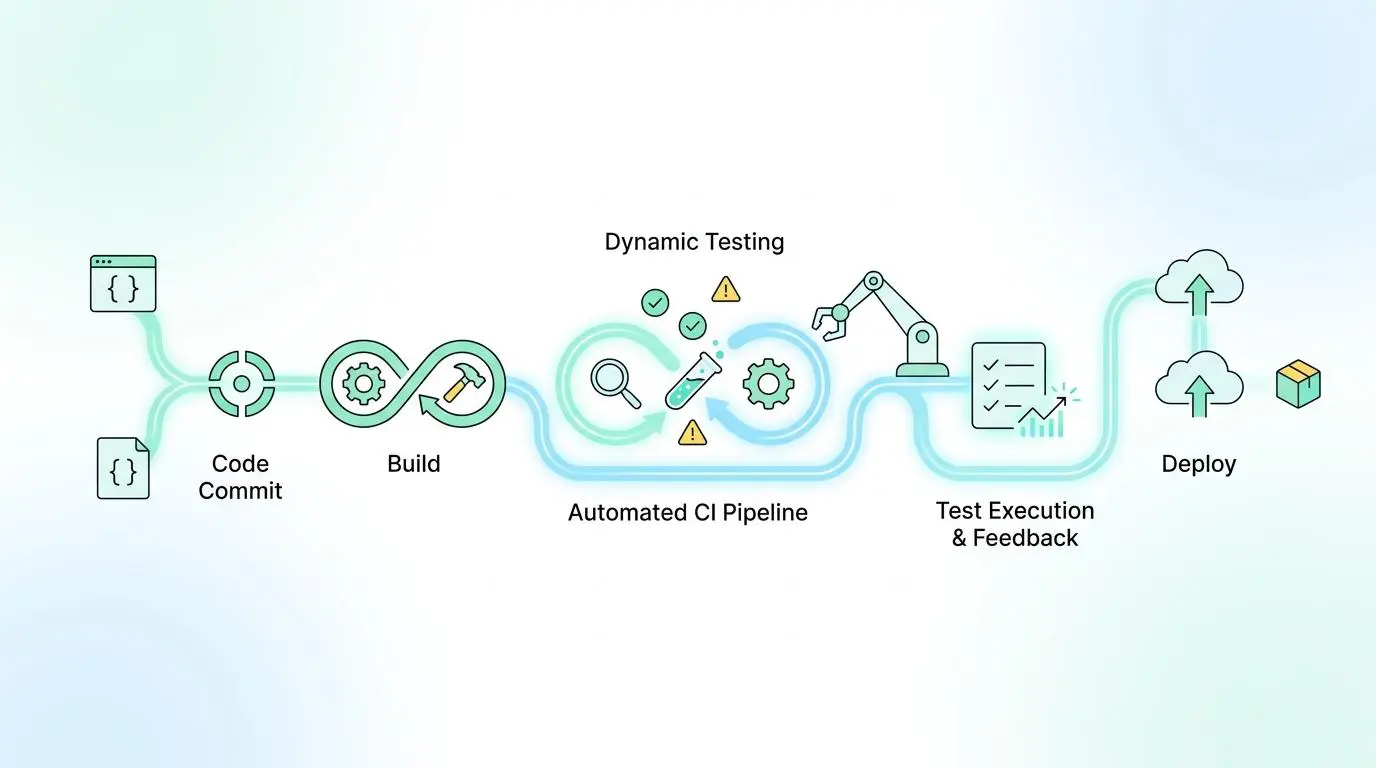 CI/CD pipeline showing Code Commit, Build, Automated CI Pipeline, Test Execution, and Deploy with AI.