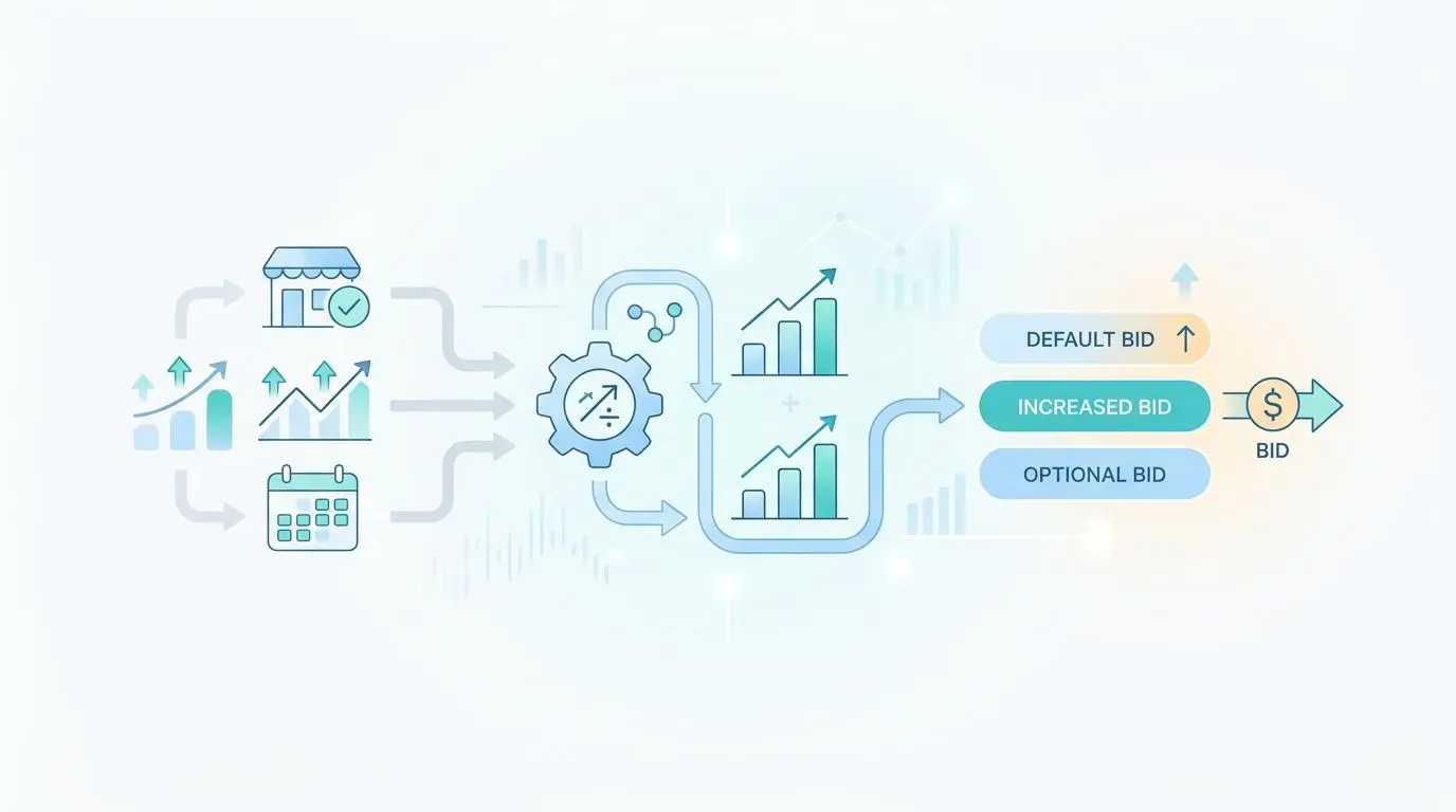 Process flow for real-time automated bidding adjustments based on business calendar availability and performance metrics.