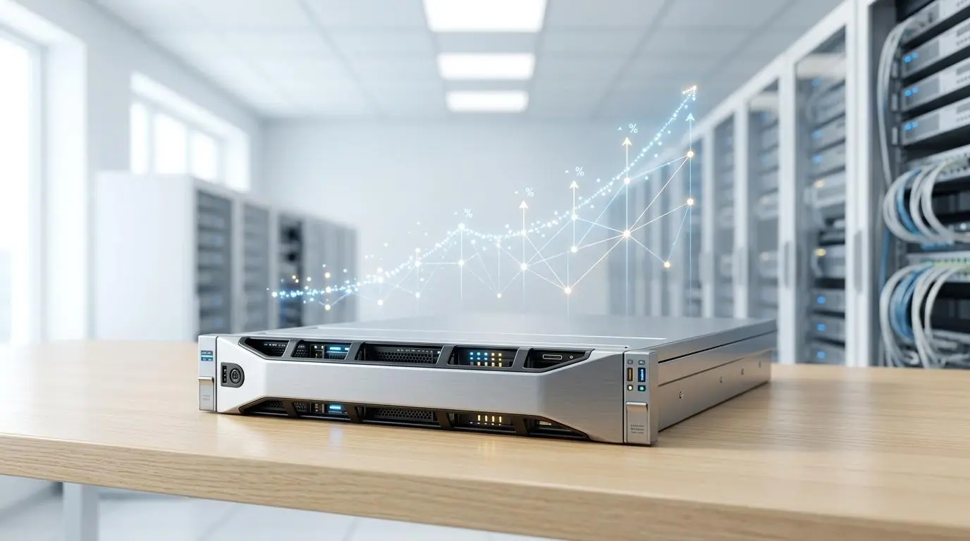 Server rack with AI data visualization showing growth, representing automated crop disease detection.