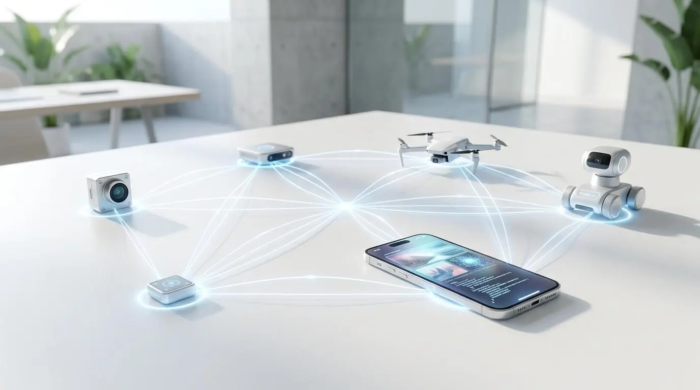 Edge AI cameras, drone, and robot connected to smartphone for real-time crop disease detection.
