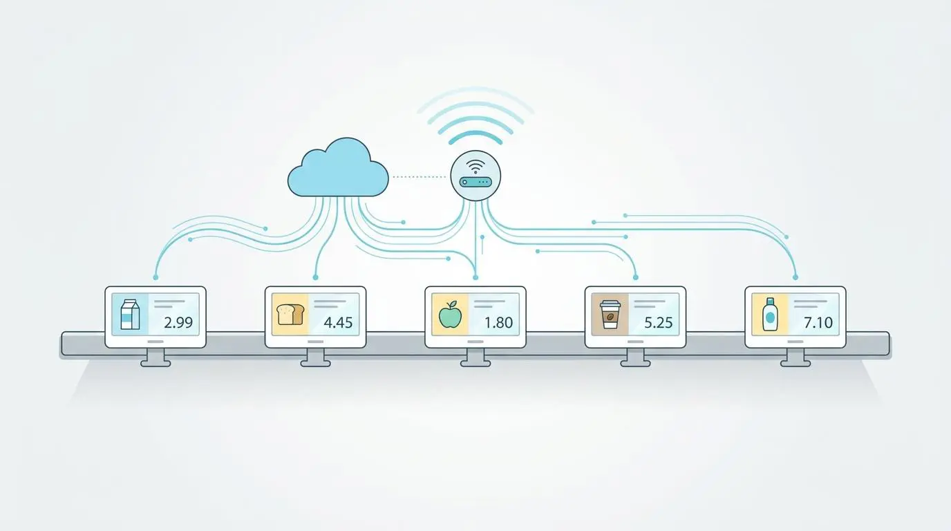Electronic shelf labels showing dynamic pricing, connected to a cloud system for automated updates.