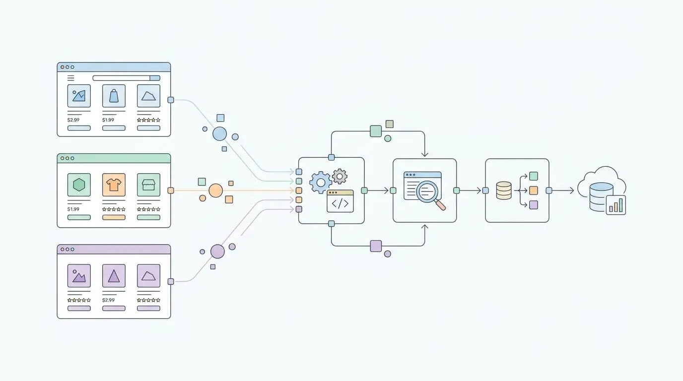 Diagram showing competitor API scraping for real-time automated dynamic pricing on electronic shelf labels.