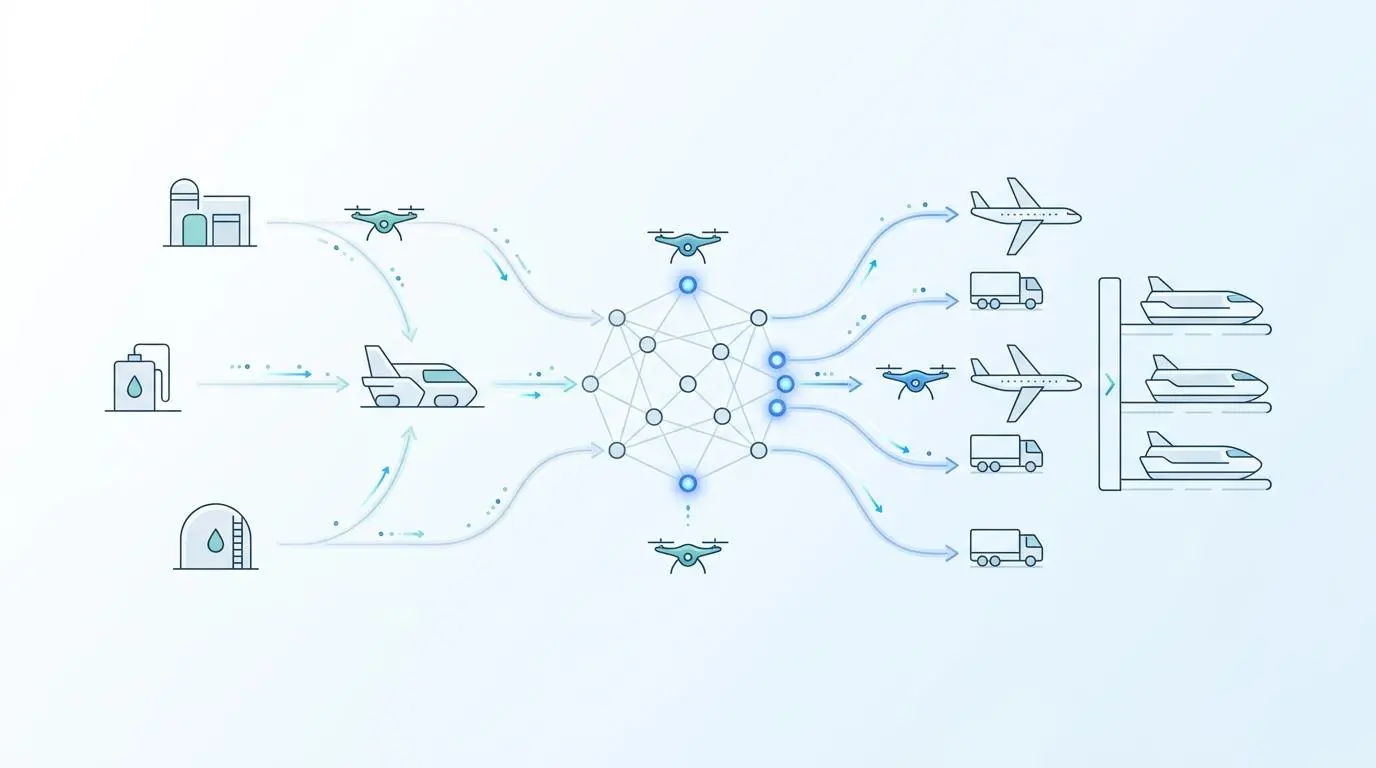 Farm equipment tracking diagram showing real-time location and fuel levels for optimized operations.