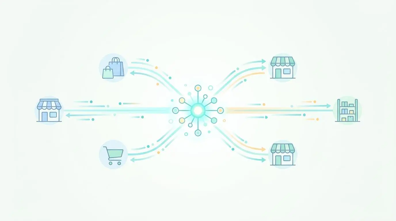 Centralized data consolidation from multiple store icons and shopping cart, into a central hub, for sales data.