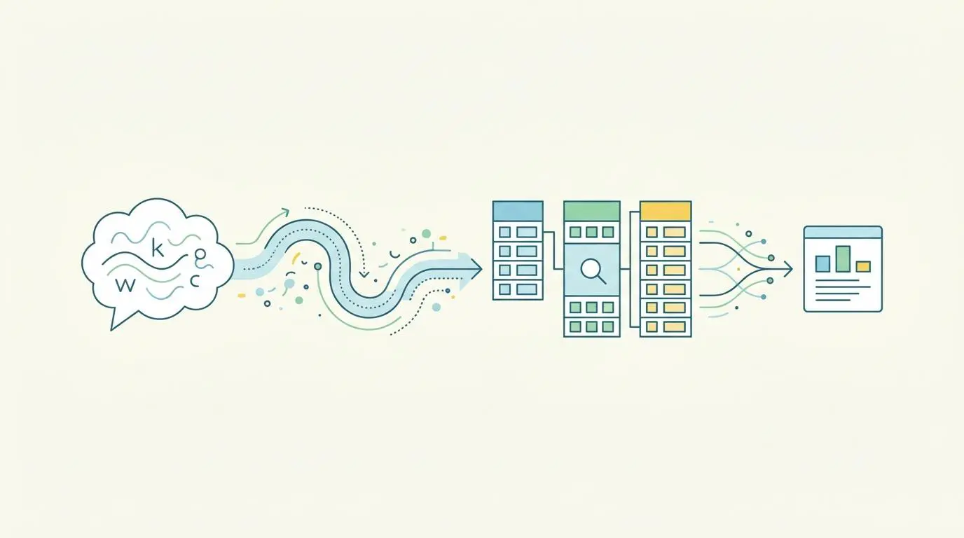 Abstract illustration of data flowing from a thought bubble to multiple servers and a dashboard, representing real-time automated consolidation of multi-location sales data.