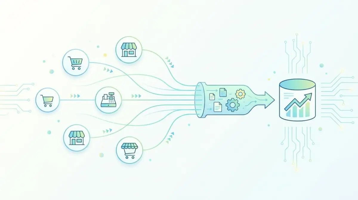 Multi-location sales data consolidating into Snowflake for instant BI dashboarding.
