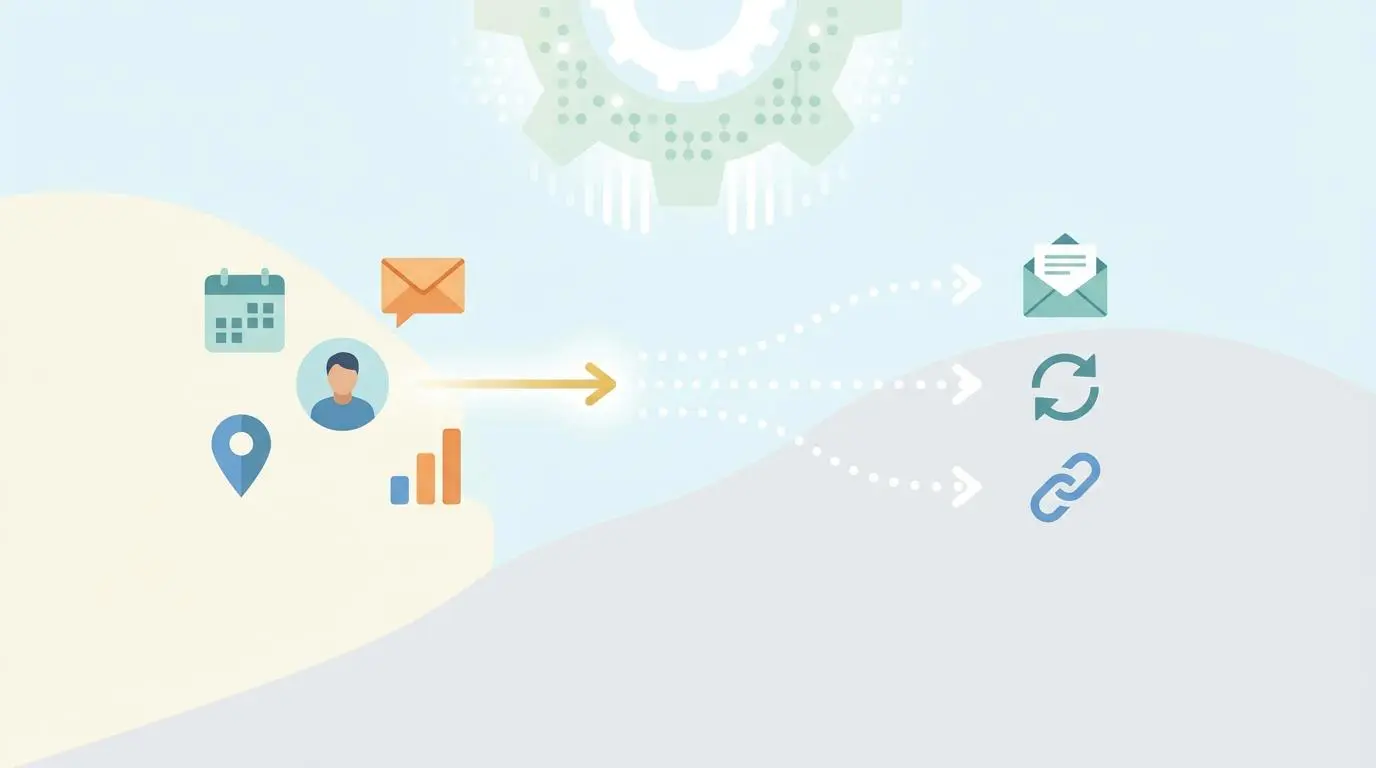 Illustration of calendar, person, and data triggering automated website blocking. By Andres SEO Expert.
