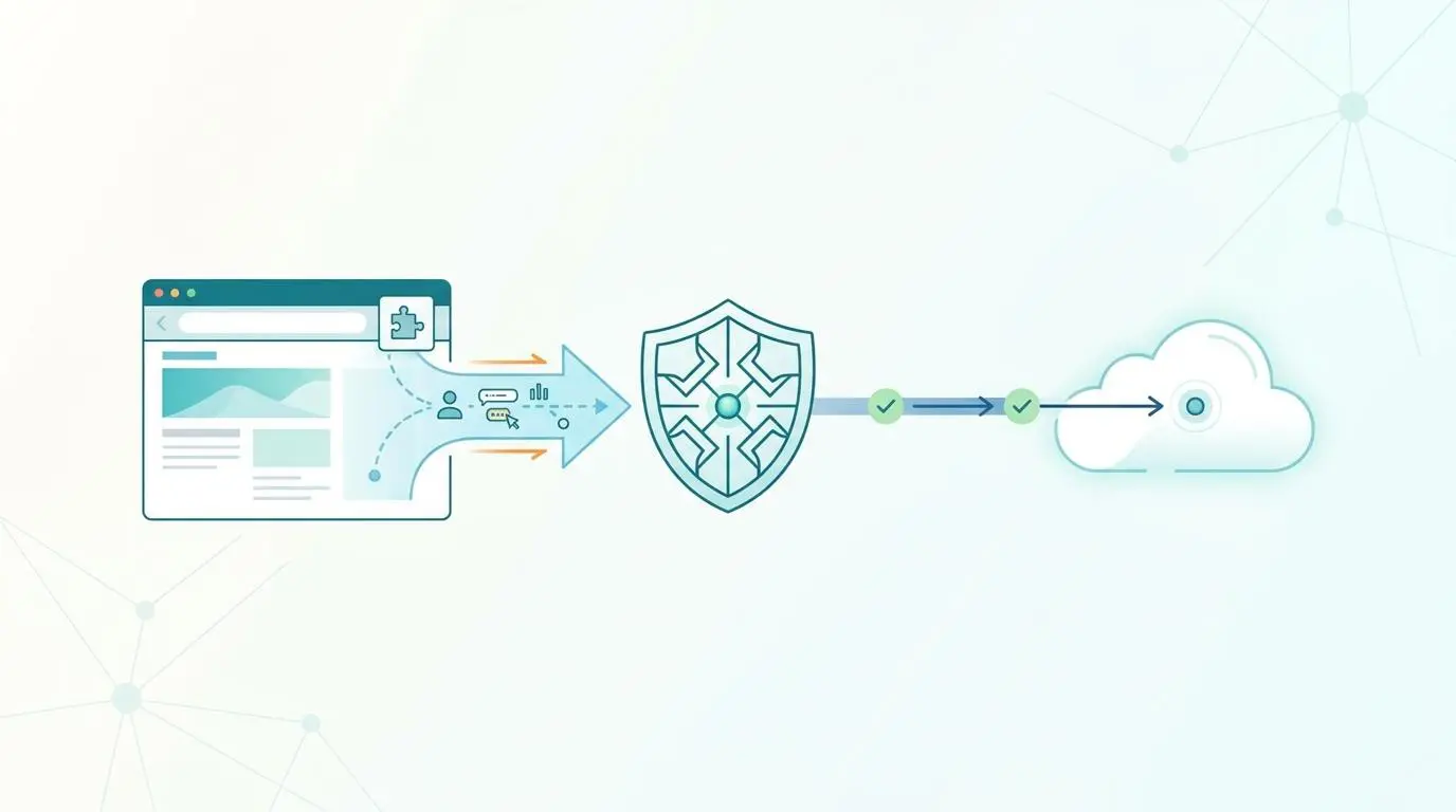 Diagram showing website data entering a shield, then proceeding to a cloud for real-time automated blocking during deep work.