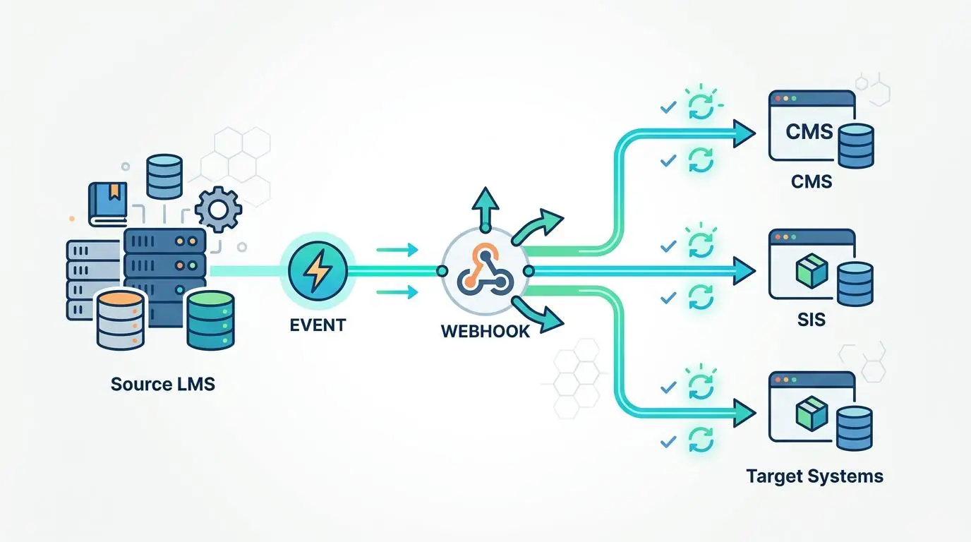 Real-time course metadata webhook synchronization architecture from Source LMS to CMS, SIS, and target systems.