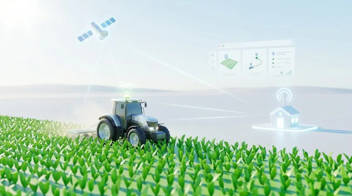 Tractor in field connected via satellite to operations dashboard for real-time automated tracking and optimization.