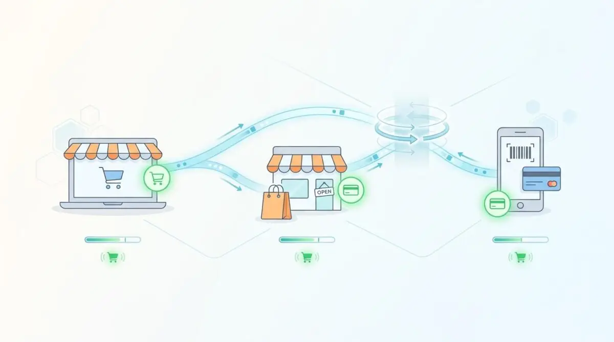 Illustration showing real-time syncing of offline POS transactions to centralized ERPs for instant omnichannel inventory reconciliation.