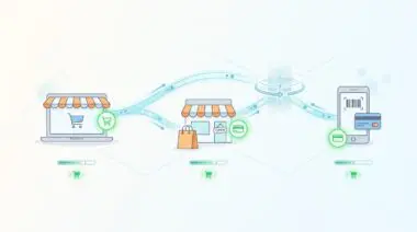 Illustration showing real-time syncing of offline POS transactions to centralized ERPs for instant omnichannel inventory reconciliation.