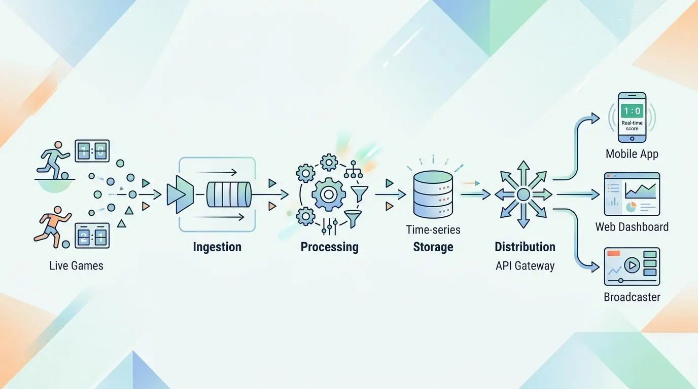 Architecture diagram for real-time sports data API pipeline used in automated generation of stats pages.