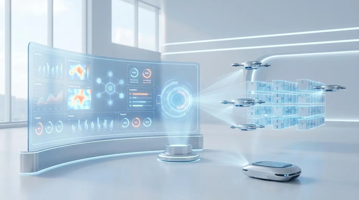 Holographic display shows data sync for real-time offline POS transactions to ERP for omnichannel inventory.