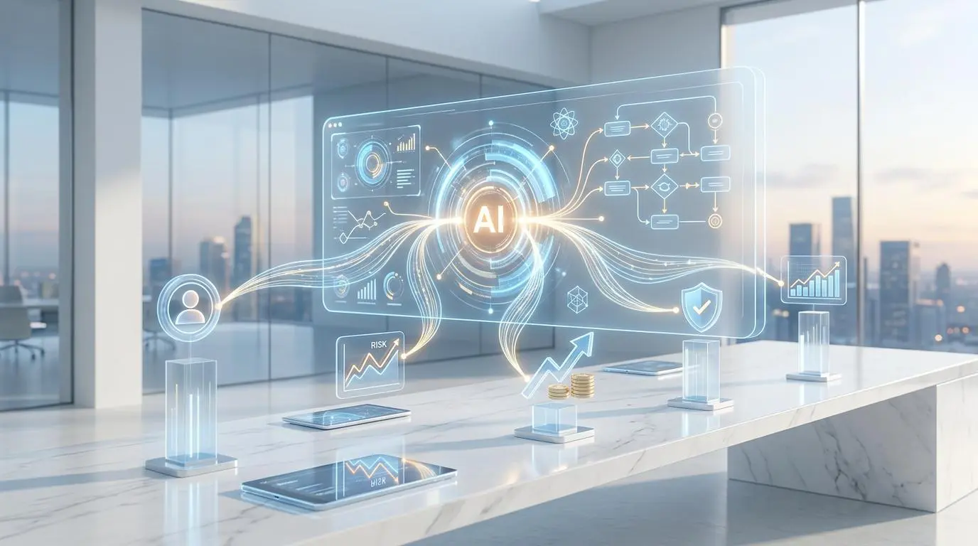 AI-powered dashboard visualizing real-time syncing of core banking systems with Salesforce for 360-degree customer views.
