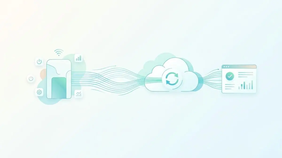 Real-time product usage telemetry syncing from a device to the cloud, then to a dashboard for lead scoring.