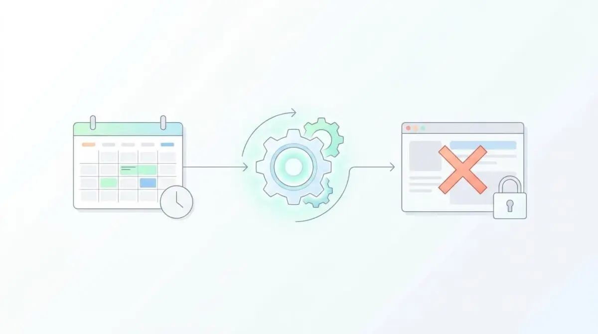 Calendar icon triggers gears, blocking website with an X and lock icon.