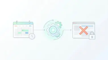 Calendar icon triggers gears, blocking website with an X and lock icon.