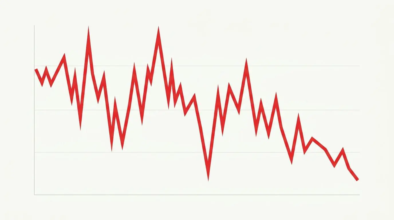 Volatile red stock market graph line illustrating epic financial ruin stories.