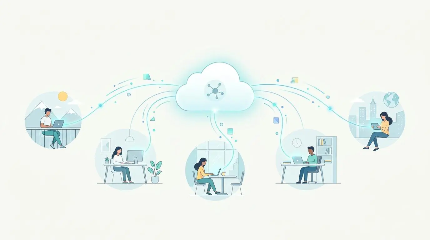 Remote team collaborating through cloud technology, showcasing complementary skills and shared vision.