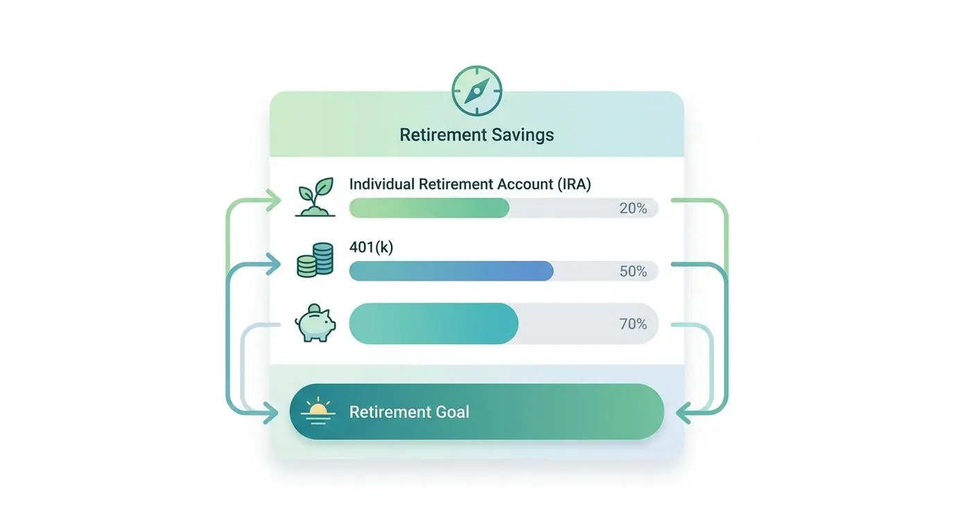 Retirement savings summary showing IRA (20%), 401(k) (50%), and retirement goal (70%) progress for financial planning.