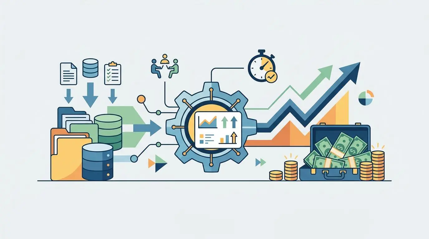 Revenue driving workflow platforms show return on investment with data, gear, and money icons.