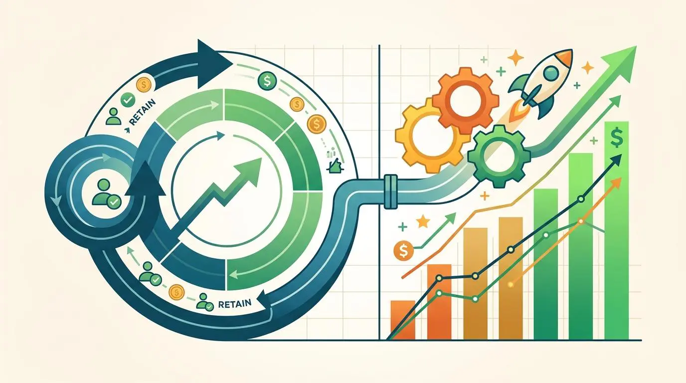 Revenue retention metrics and growth engines illustrated with charts and gears, key for customer success platforms.
