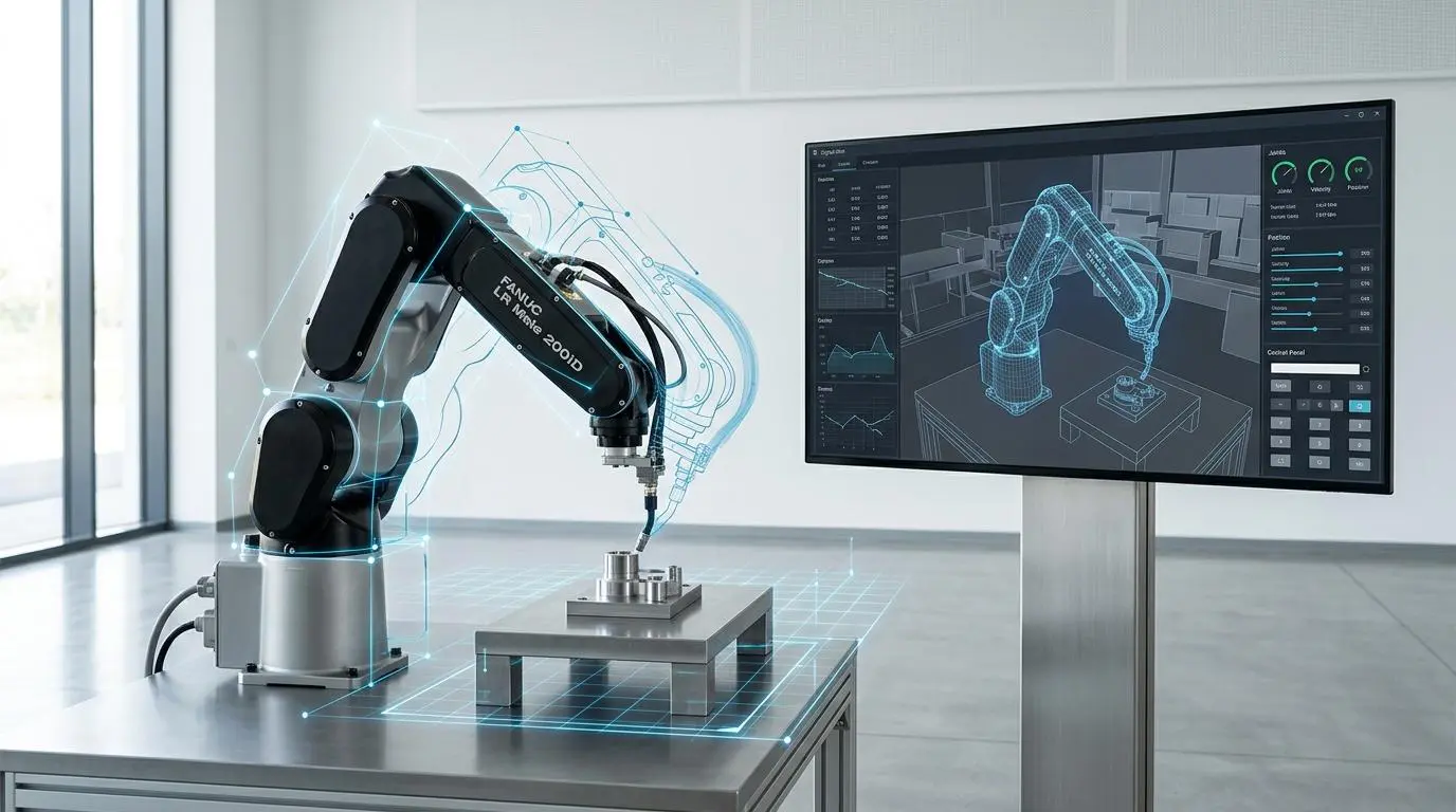 Industrial robot training in a digital twin simulation, illustrating NVIDIA Blackwell GPU architecture applications.