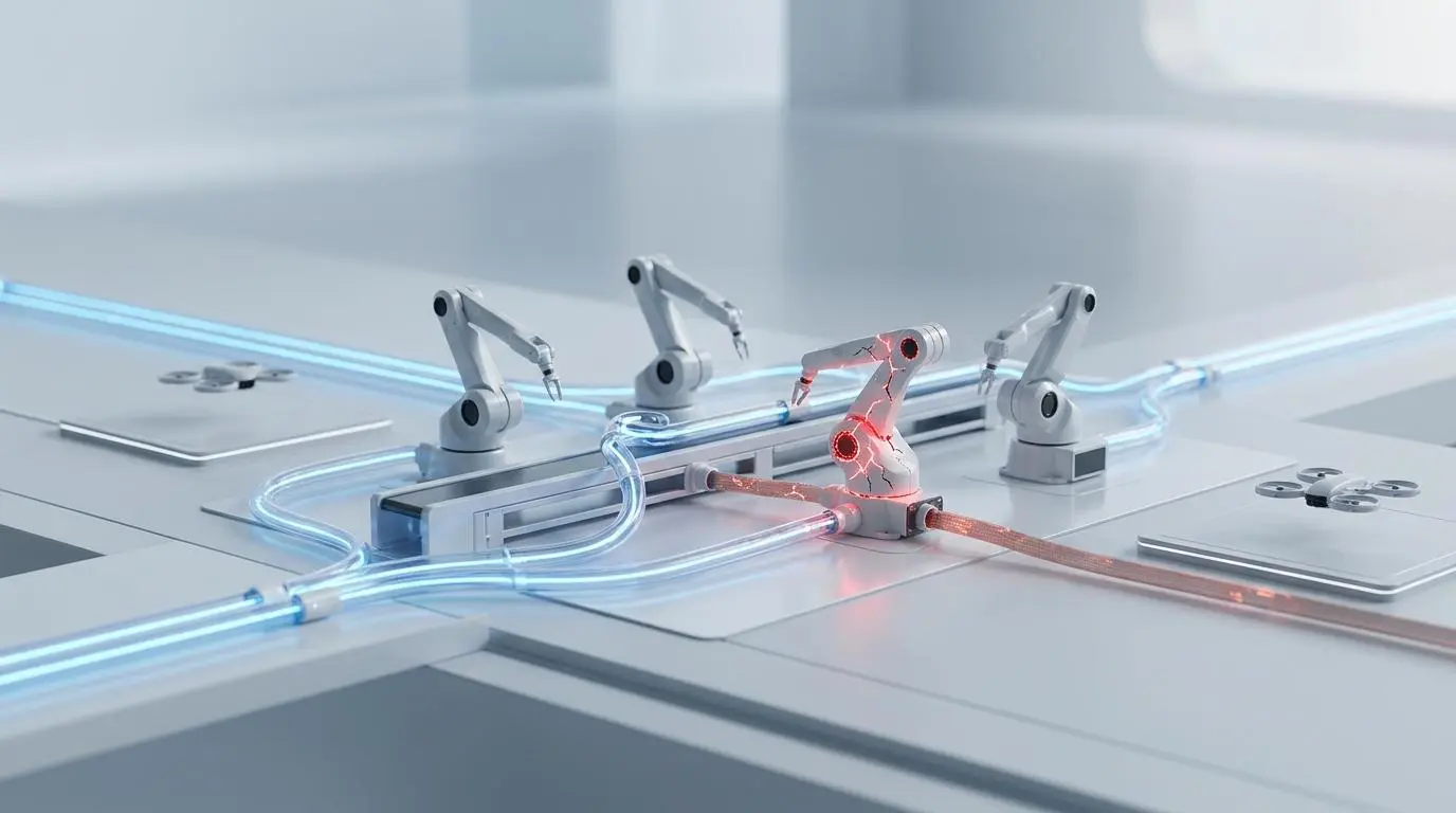 Robotic arms on a futuristic platform illustrate static robots.txt failure under server load.
